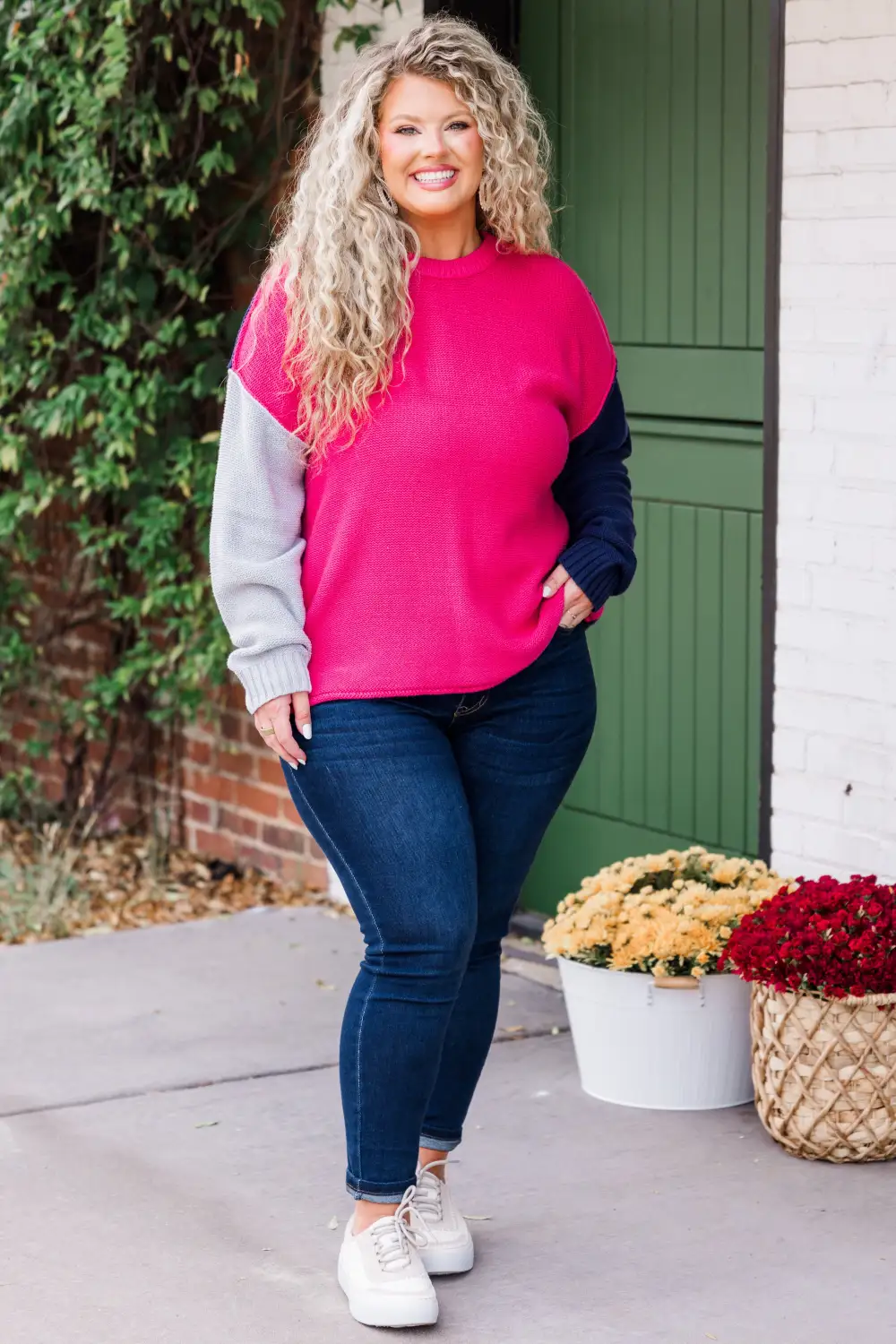 Snowy Owl Sweater, Fuchsia-Navy