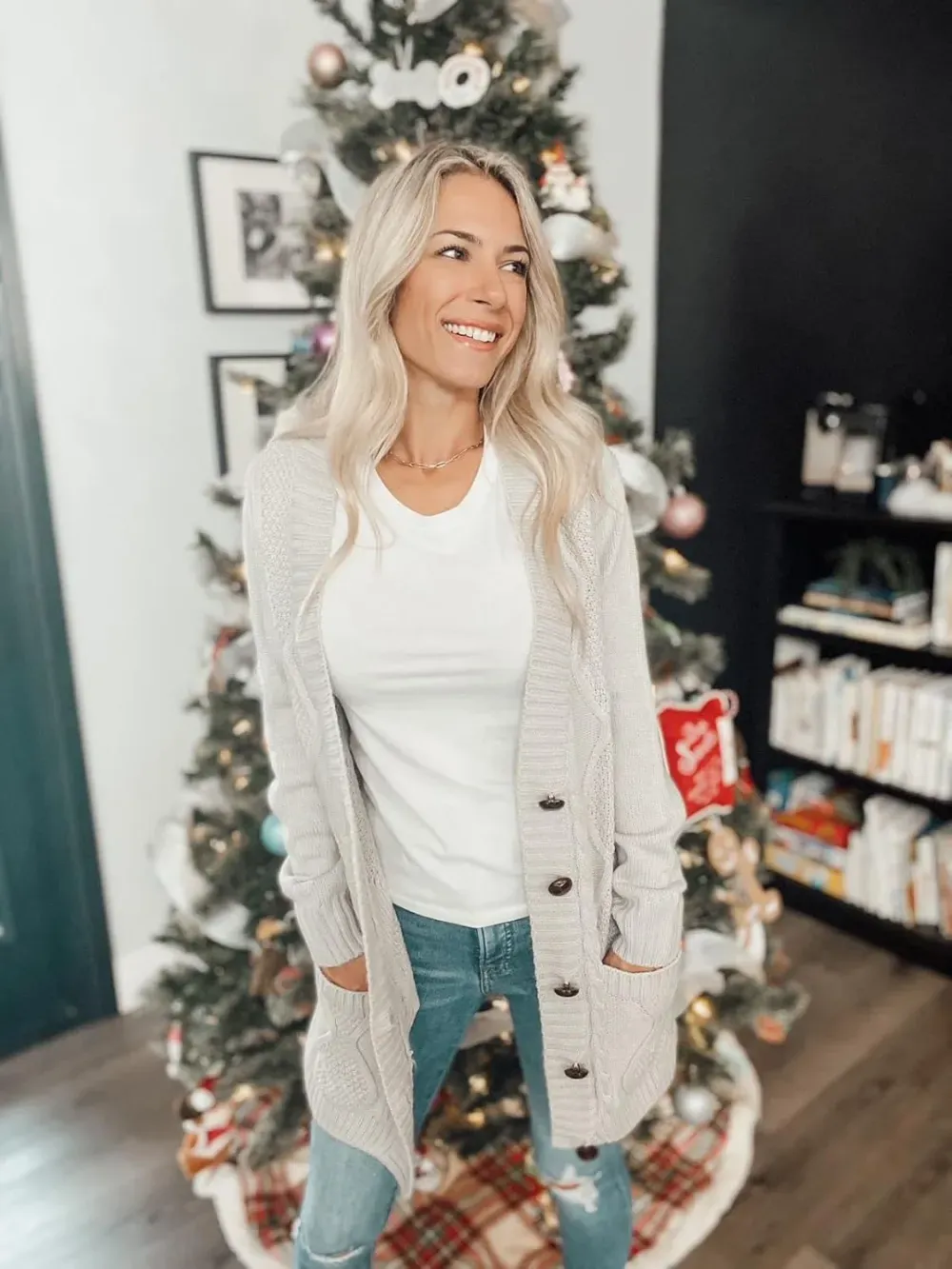 Womens Long Sleeve Open Front Buttons Cable Knit Pocket Sweater Cardigan