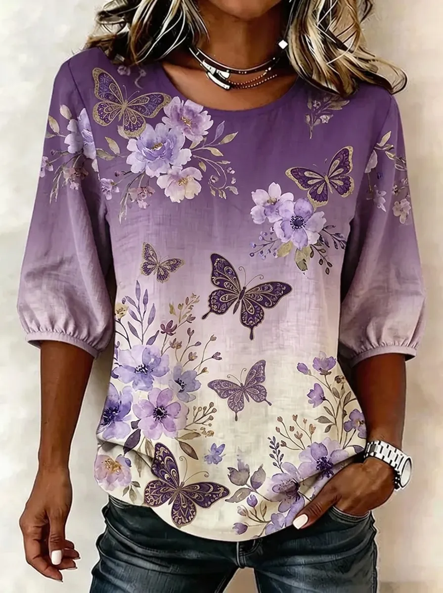 Women's Nashville Floral Butterfly Printed Puff Sleeve Top