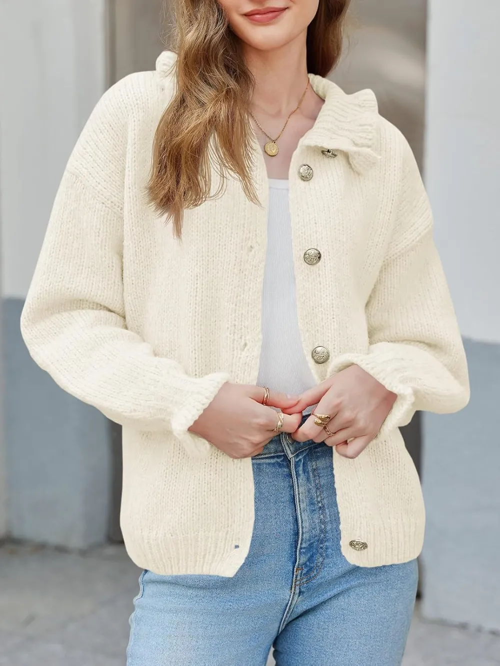 🎄Hot Sale Ruffle Cardigan Oversized Button Up Ribbed Knit Open Front Long Sleeve Loose Sweater