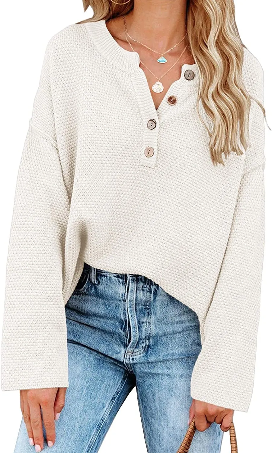 Women's Oversized Sweaters Batwing Long Sleeve Loose V Neck Button Henley Tops Pullover Knit Jumper