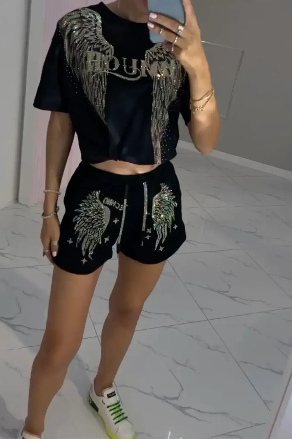 Women's Hot Diamond Pattern Top and Shorts Pants Two-piece Set