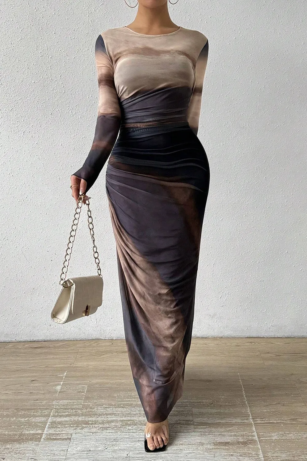Women's Tie Dye Long Sleeve Pleated Dress