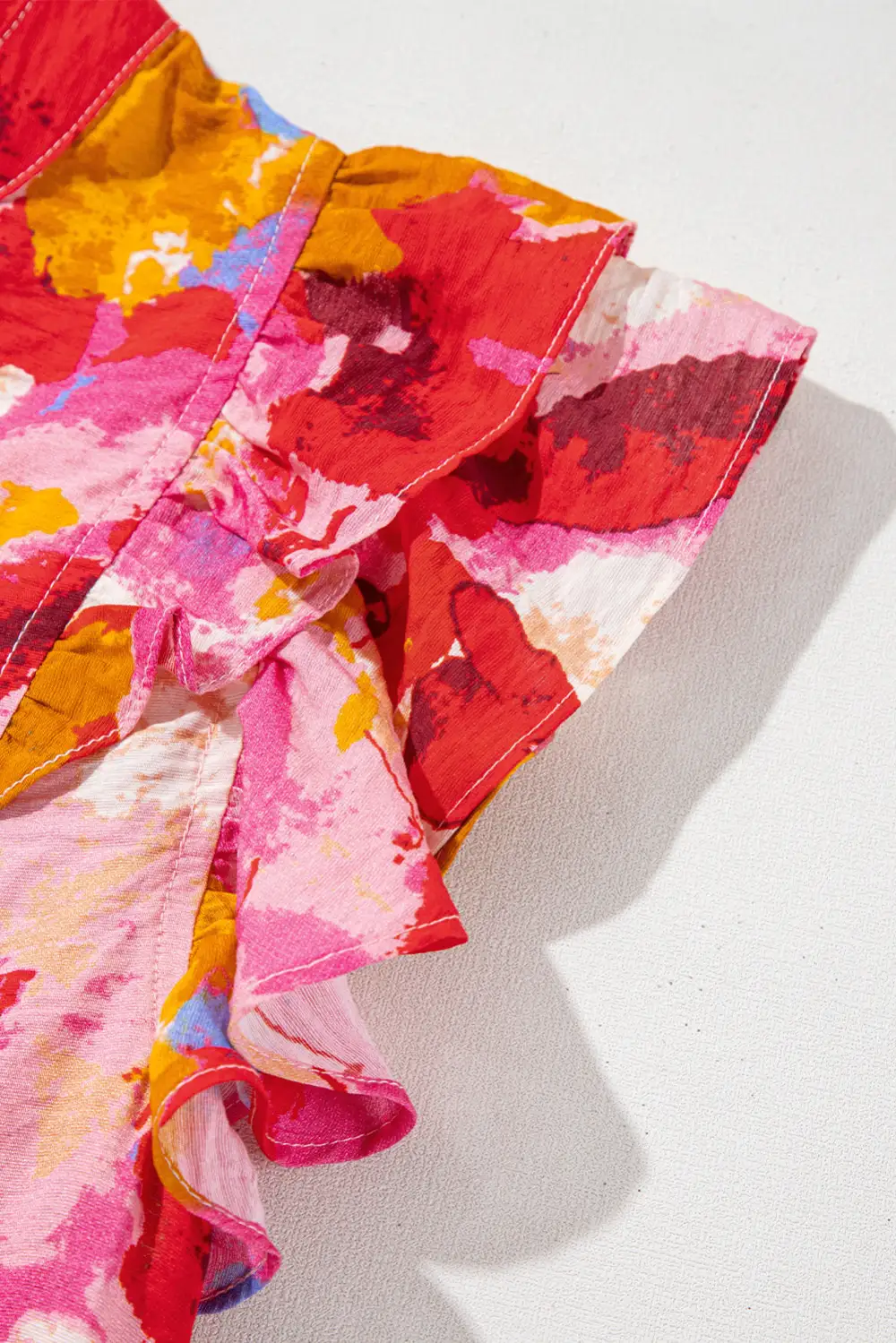 Softly Styled Abstract Print Ruffled V-Neck Blouse
