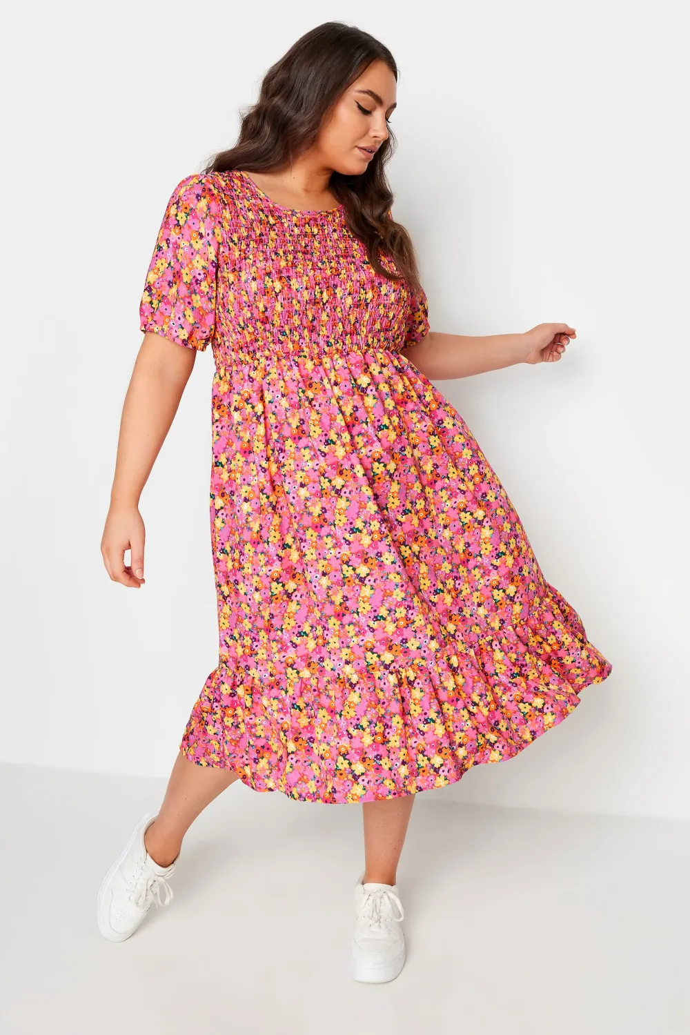 YOURS Curve Pink Floral Print Shirred Midaxi Dress