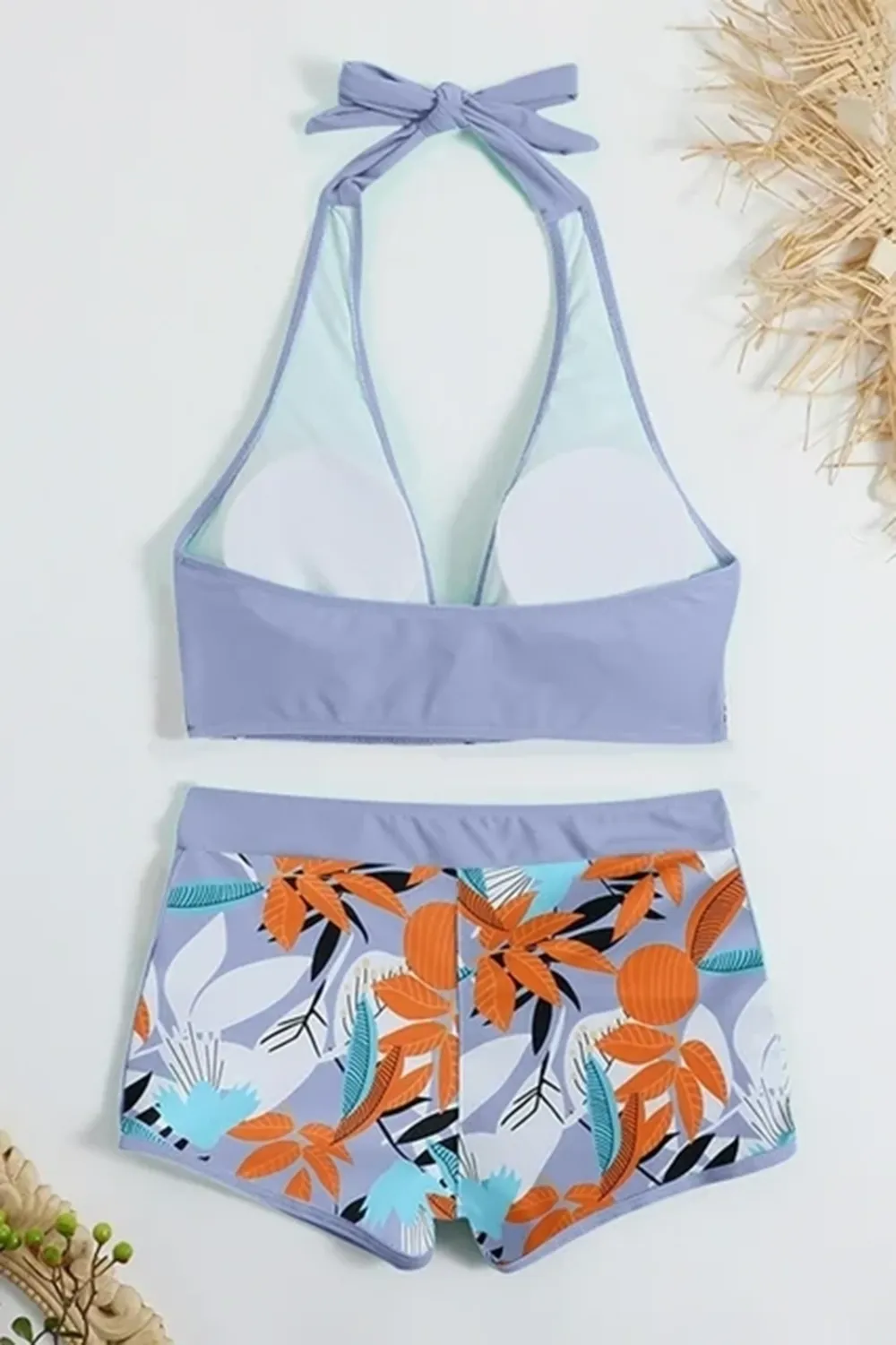 Sexy padded printed high-waisted patchwork swim trunks set