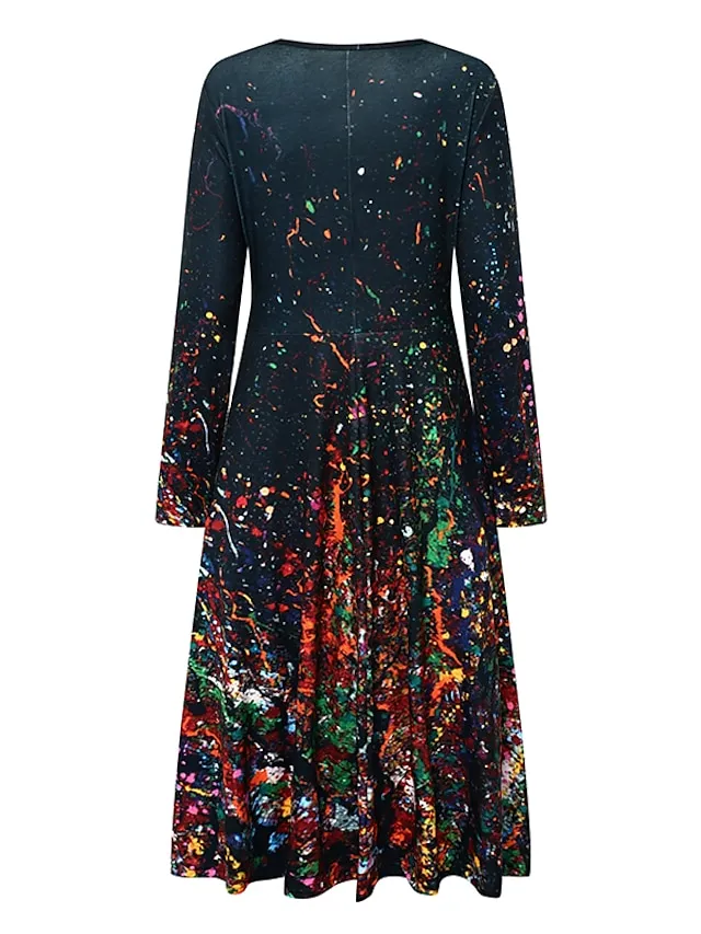 Women‘s Casual Dress Swing Dress Midi Dress Blue Yellow Rainbow Long Sleeve Color Gradient Pocket Print Winter Fall Crew Neck Vacation Casual Fall Dress 2023 S M L XL XXL 3XL