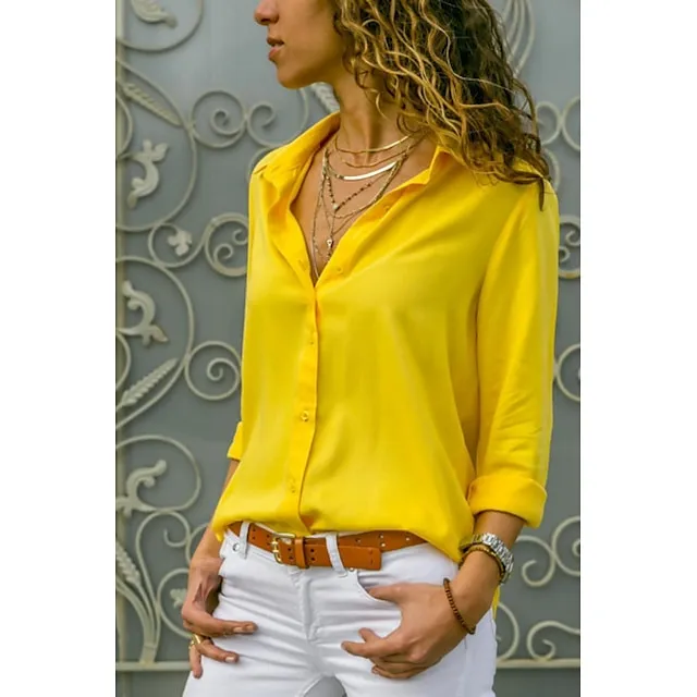 Women's Blouse Shirt Plain Shirt Collar Business Basic Elegant Tops Blue Yellow Gray