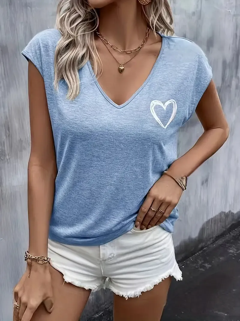 Heart Print V Neck T-shirt, Casual Cap Sleeve Top For Spring & Summer, Women's Clothing