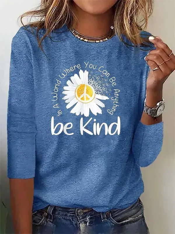 Women Casual Autumn Daisy Daily Loose Long sleeve Crew Neck Regular H-Line T-shirt