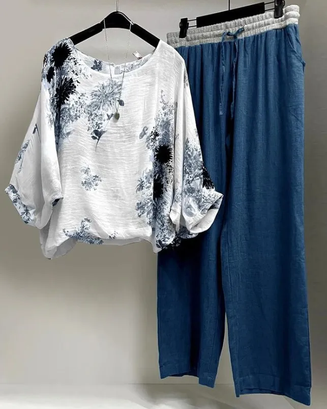 Women Cotton Linen Tank Shirt & Pants Relaxed Fit S-5XL Loose Solid Color Pants & Flora Short Shirt  Cotton Linen Two-piece Matching Set