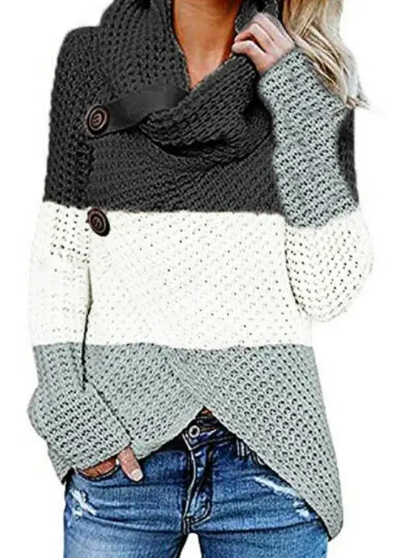 High Collar Color Block Long Sleeve Button Sweaters
