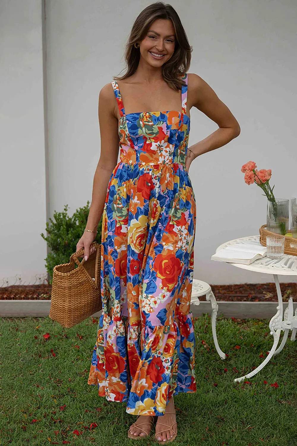 Square Neck Floral Pleated Maxi Dress
