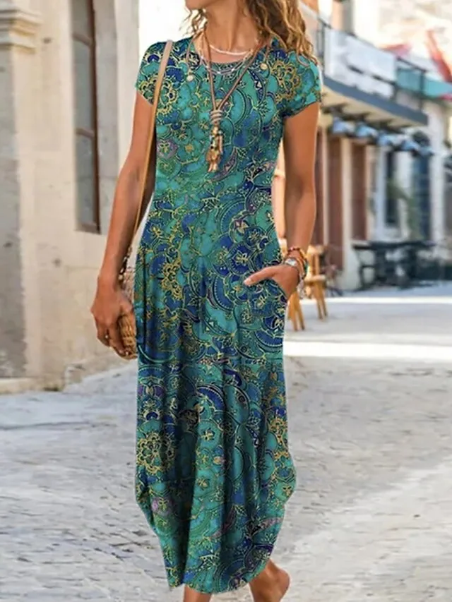 Women's Casual Dress Ethnic Dress Shift Dress Long Dress Maxi Dress Black Pink Wine Short Sleeve Floral Print Spring Summer Crew Neck Vintage Daily Vacation Weekend 2023 S M L XL XXL 3XL