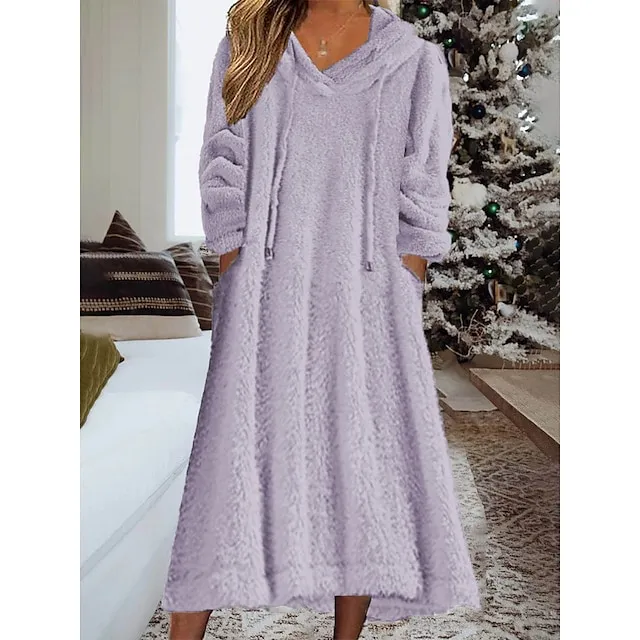 Women's Hoodie Dress Casual Dress Midi Dress Teddy Fleece Warm Home Daily Weekend Hoodie Pocket Drawstring Pure Color 2023 Regular Fit White Lavender Khaki S M L XL 2XL
