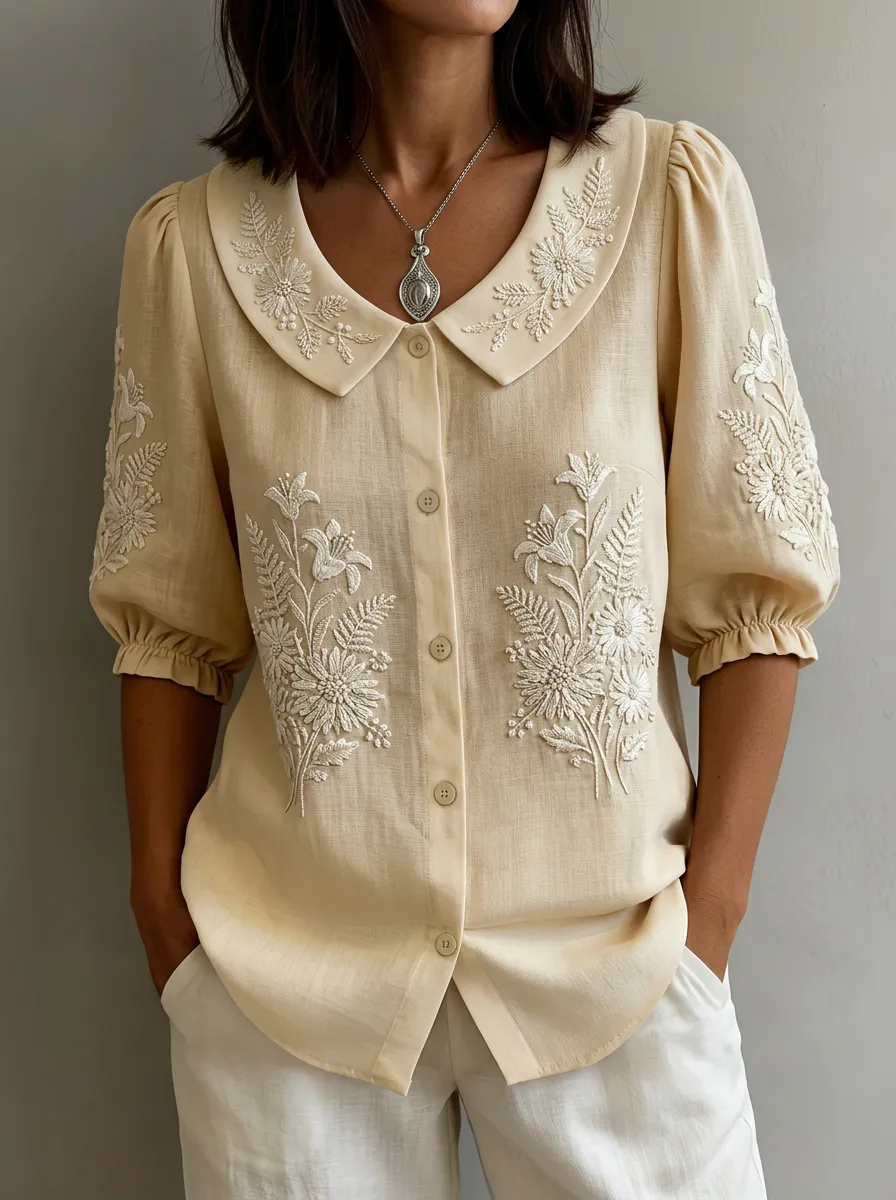 Women's Nashville Floral Embroidery Peter Pan Collar Blouse