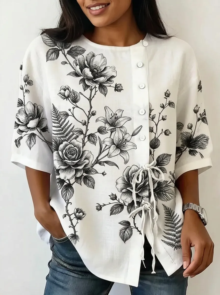 Women's Nashville Floral Botanical Sketch Printed Button-up Top