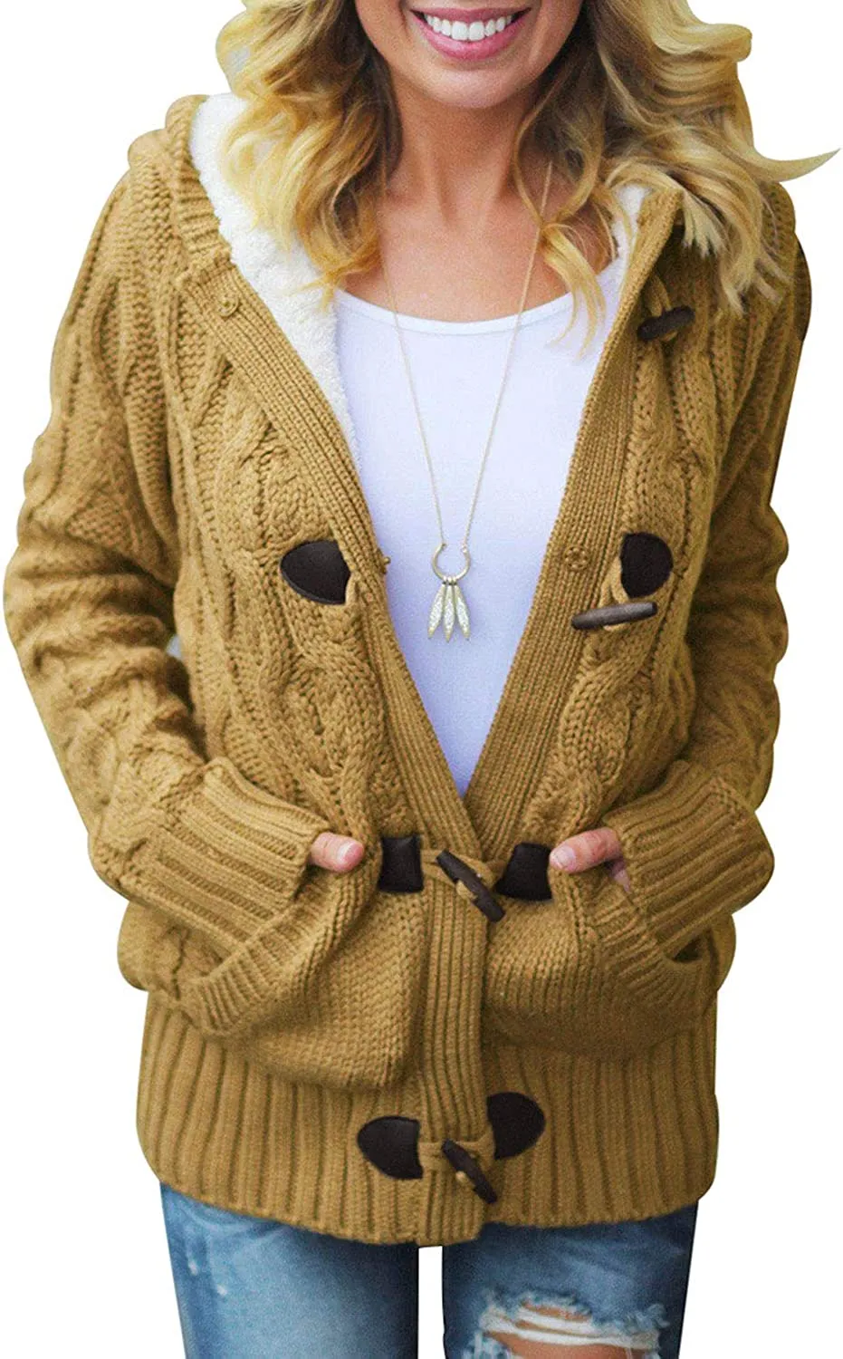 Womens Hooded Cardigans Button Up Cable Knit Sweater Coat Outerwear with Pockets