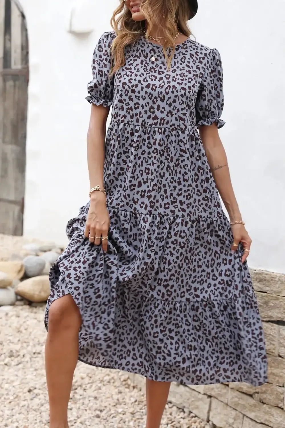 Floral Print Ruffle Puff Sleeve High Waist Midi Dresses