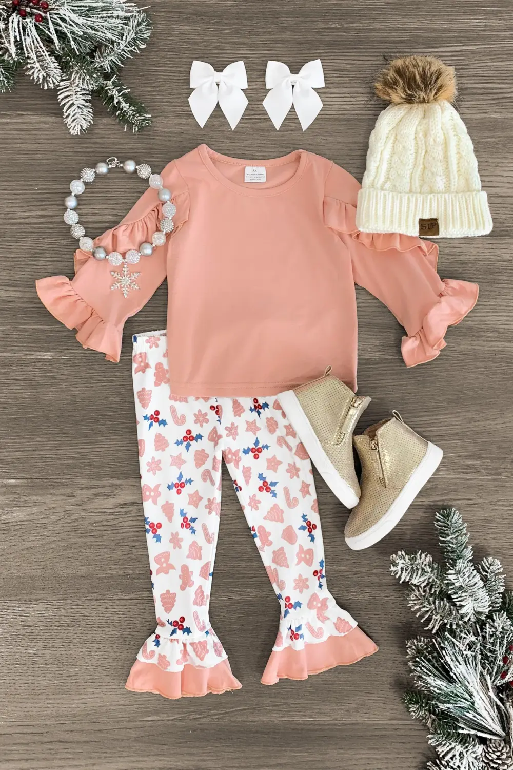 Blush Gingerbread Holly Ruffle Pant Set