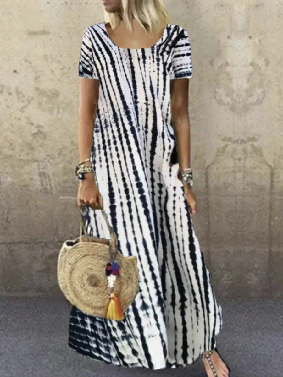 Ladies Round Neck Short Sleeve Tie-dye Printed Maxi Dress