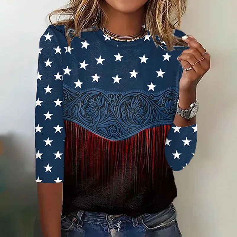 Women's Independence Day Flag Print Crew Neck T-shirt
