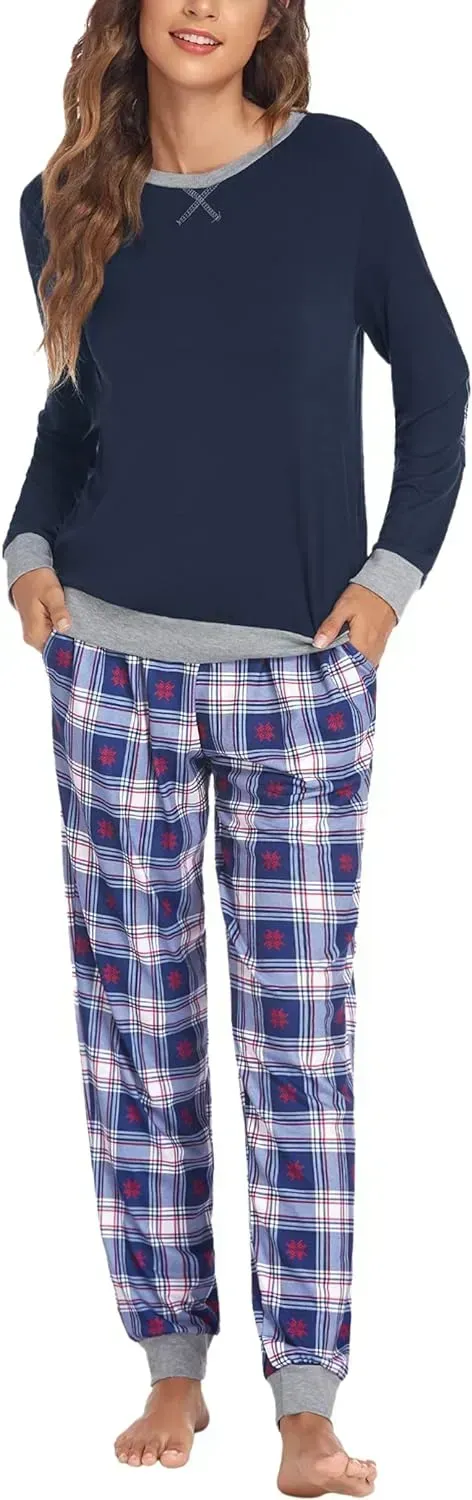 Women's Pajamas Sets Long Sleeve with Plaid Pants Soft Sleepwear O Neck 2 Piece Pjs Joggers Loung Set with Pockets