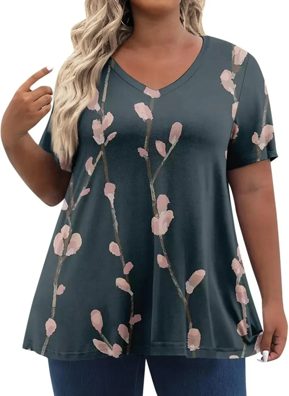Plus Size Tops for Women Dressy Short Sleeve V Neck Shirts for Women Summer Tops for Women 2024 Floral Print Top