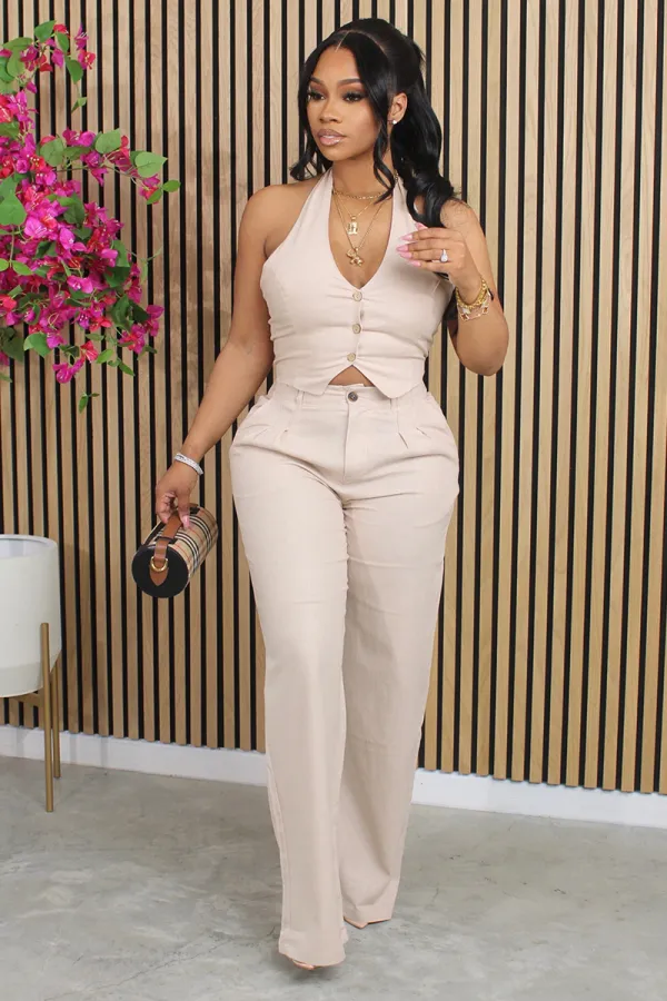 V Neck Button Down Halter Top Straight Leg Pants Matching Set-Pink
