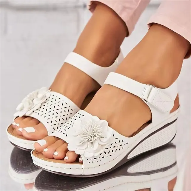 Women's Sandals Slippers Wedge Sandals Plus Size Outdoor Beach Summer Flower Wedge Heel Vintage Elegant Casual PU Magic Tape Solid Color Black White Red