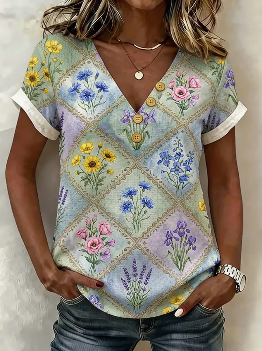 Women's Nashville Floral Quilt Pattern Printed V-Neck Top
