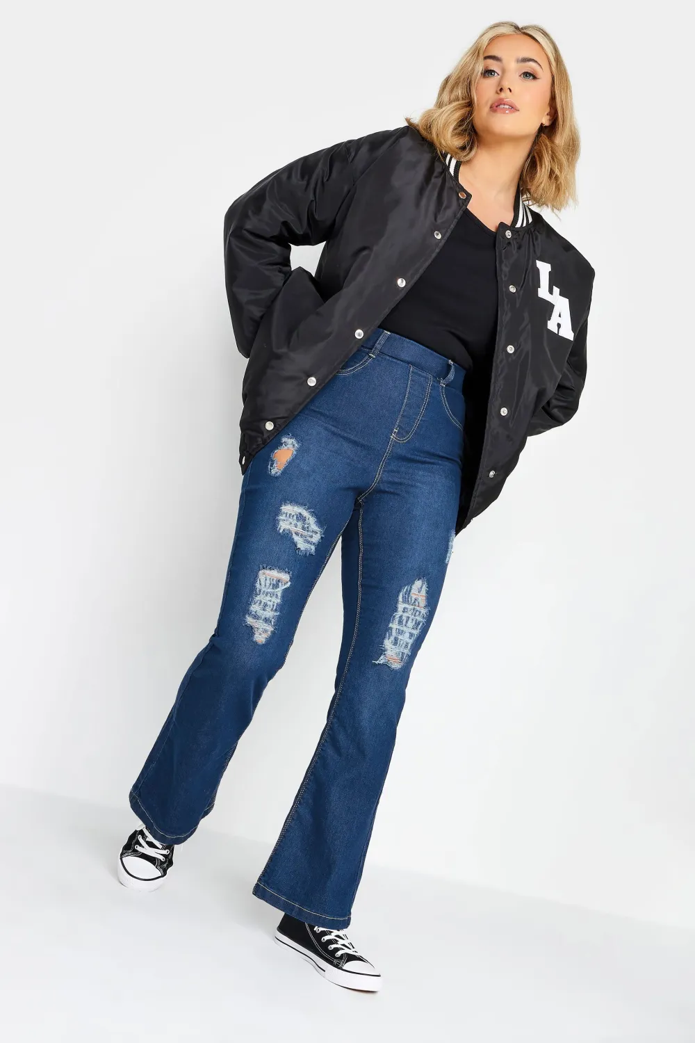 YOURS Curve Dark Blue Stretch Ripped HANNAH Bootcut Jeggings