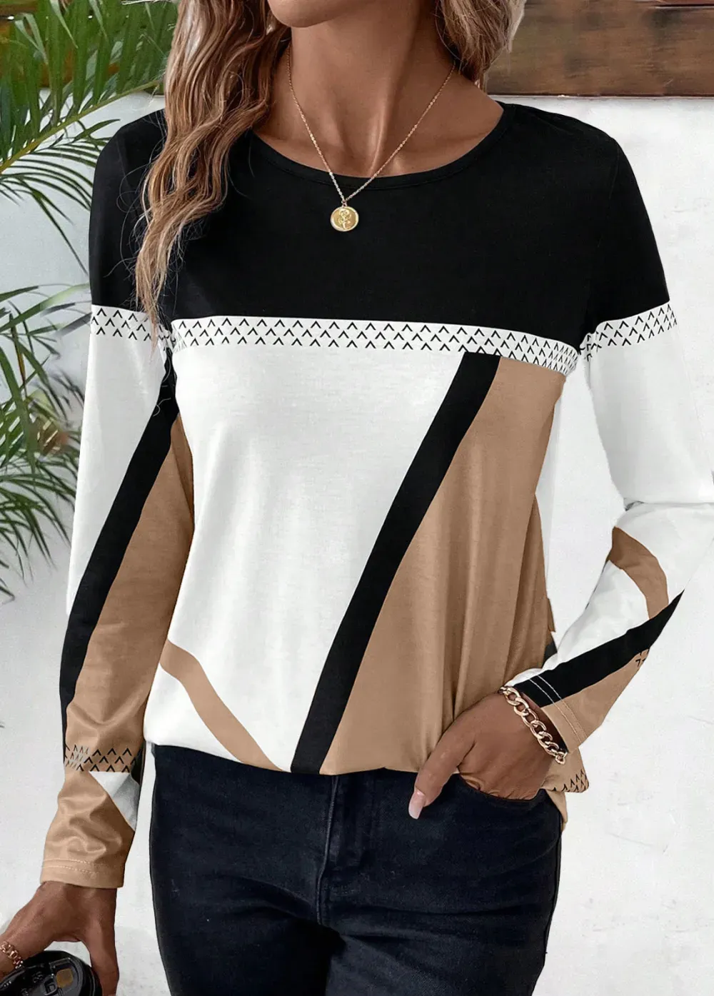 Light Coffee Patchwork Geometric Print Long Sleeve T Shirt