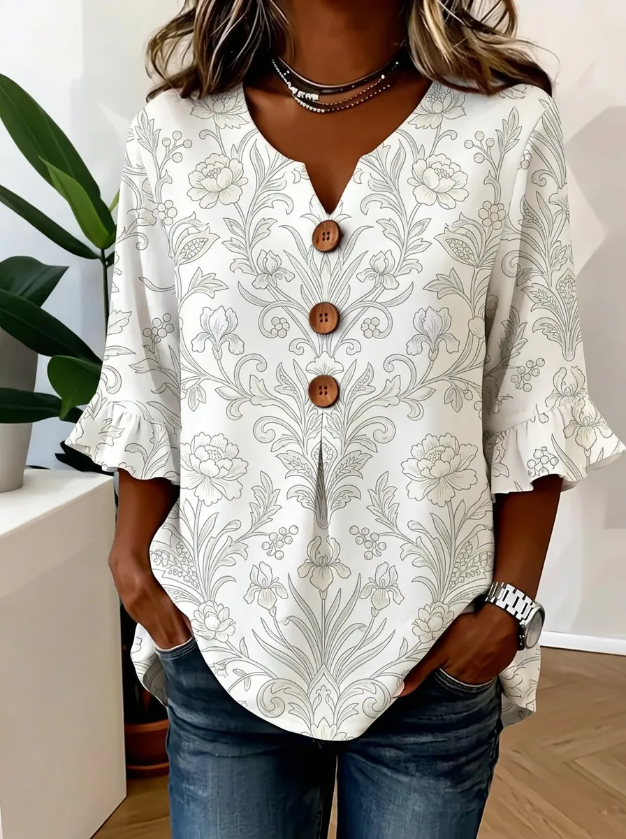 Women's Nashville Floral Damask Pattern Printed V-Neck Button Top