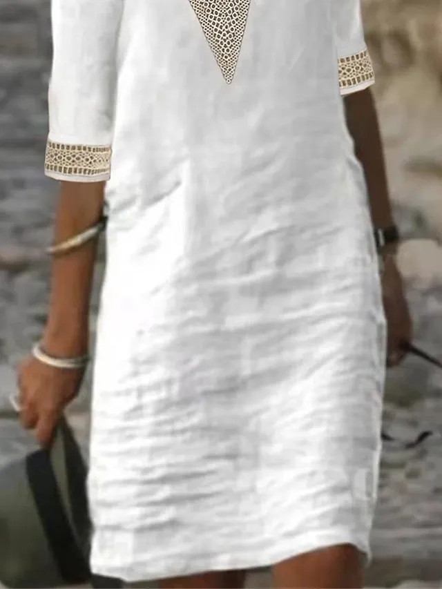 Women's Cotton Linen Dress Casual Dress Shift Dress Midi Dress Cotton And Linen Fashion Modern Outdoor Daily Vacation V Neck Patchwork Half Sleeve Summer Spring 2023 Regular Fit Gray Plain 3XL