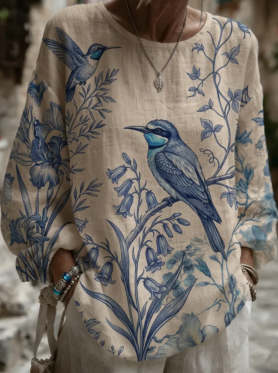 Women's Nashville Nature Lover Blue Bird Floral Printed Top