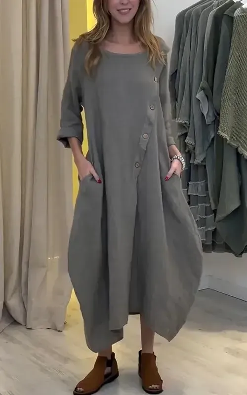 Women's Casual Round Neck Solid Color Cotton and Linen Dress