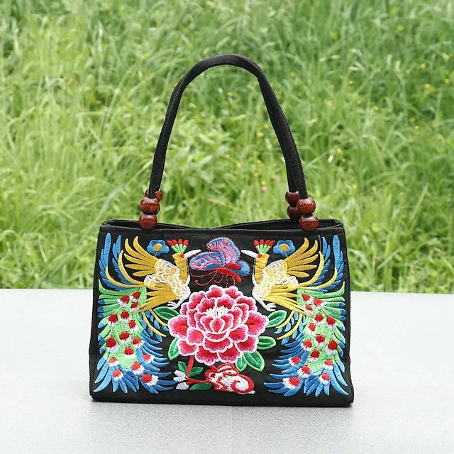 Women's Handbag Canvas Outdoor Holiday Embroidery Large Capacity Breathable Lightweight Folk Dark Red Black / Red Blue peacock