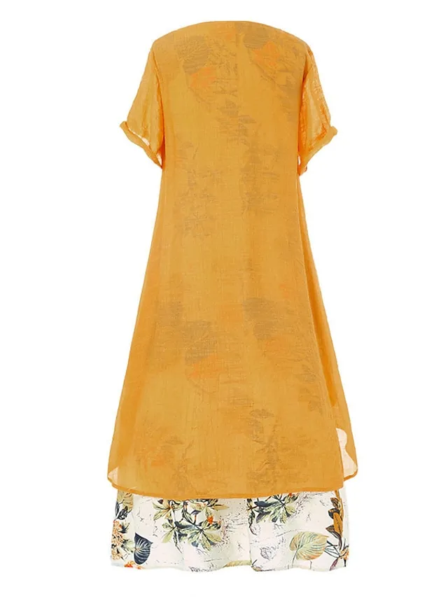 Women's Casual Dress Linen Dress Swing Dress Long Dress Maxi Dress Green Short Sleeve Floral Patchwork Summer Spring Crew Neck Fashion 2023 5XL