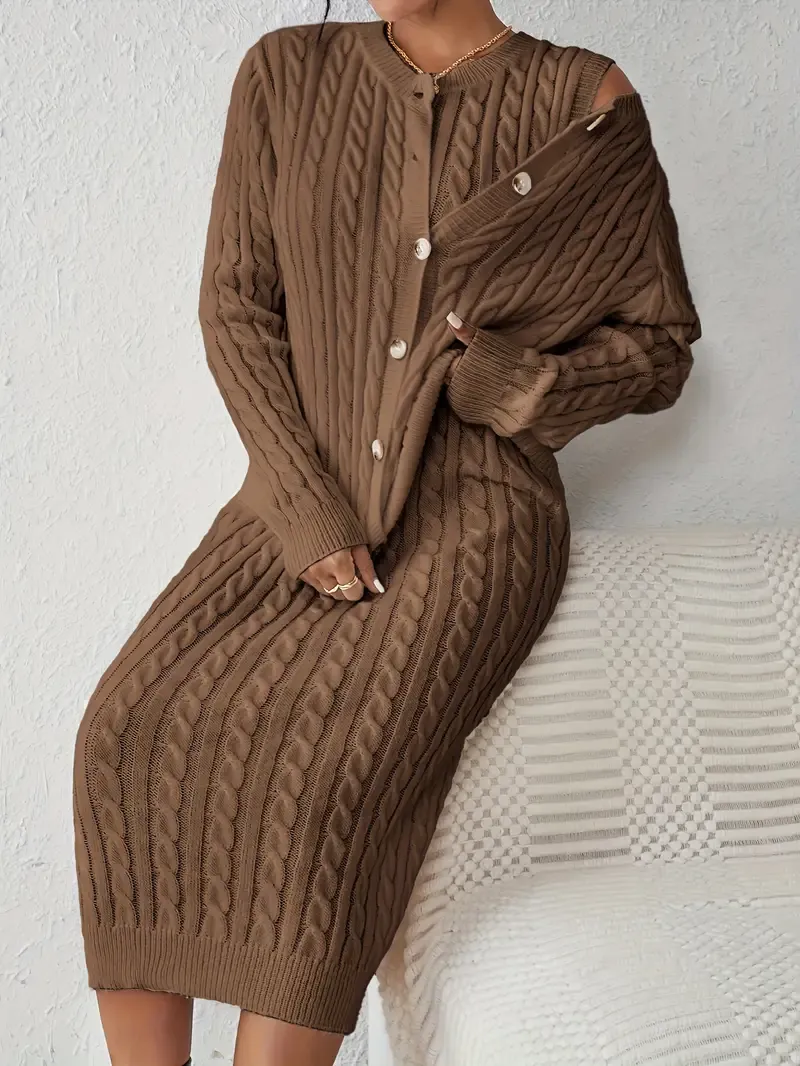 able Knit Solid Two-piece Set, Button Front Long Sleeve Tops & Crew Neck Sleeveless Dress Outfits - Cozy & Stylish - For Women - Perfect for Fall/Winter - Ideal Gift for Fashionable Ladies