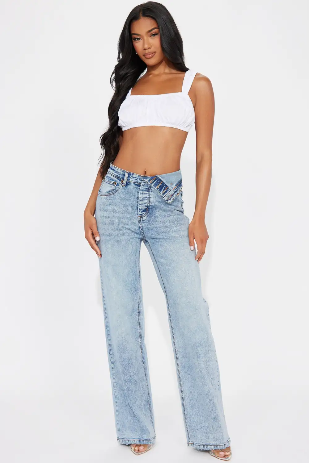 Carri Foldover Waistband Stretch Straight Leg Jeans - Light Wash