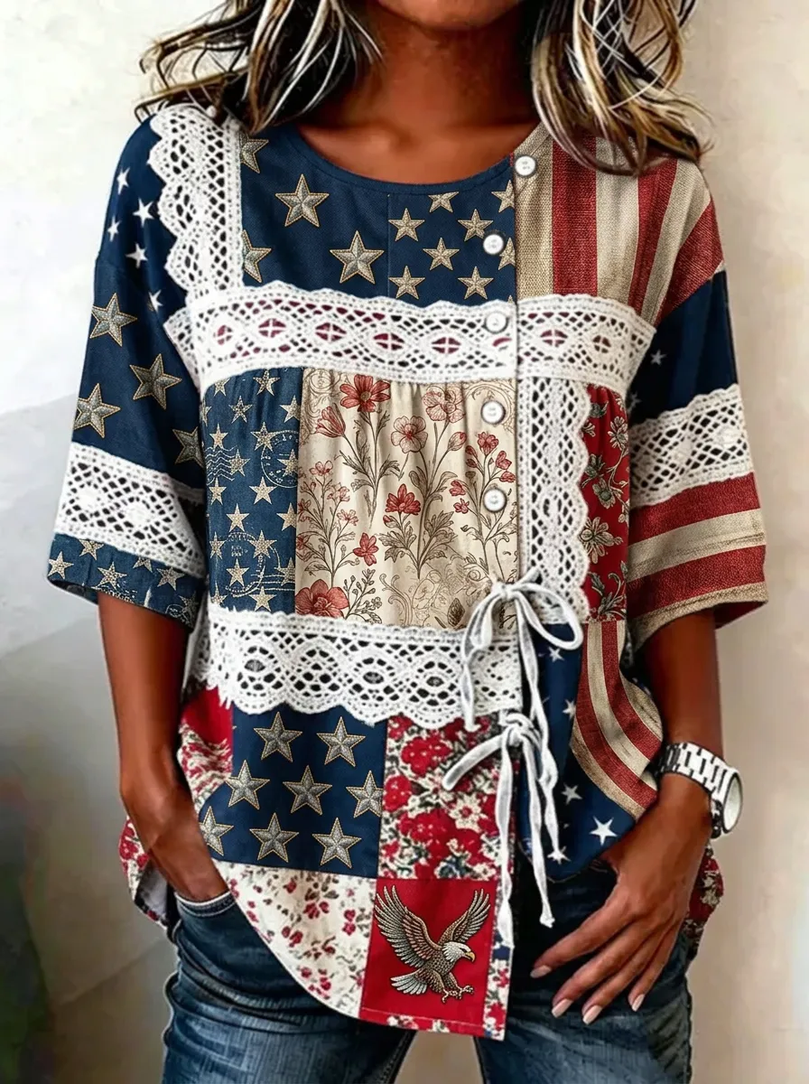 Women's Nashville Patriotic Eagle Floral Lace Patchwork Printed Top