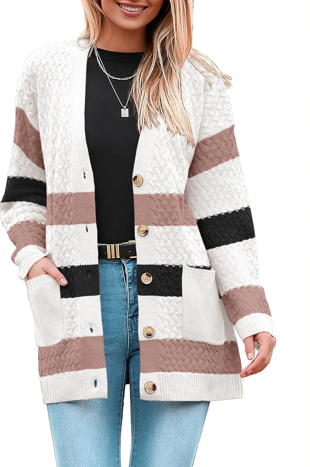 Womens 2024 Long Sleeve Chunky Cable Knit Fall Cardigans Sweaters Button Down Open Front Outerwear with Pockets
