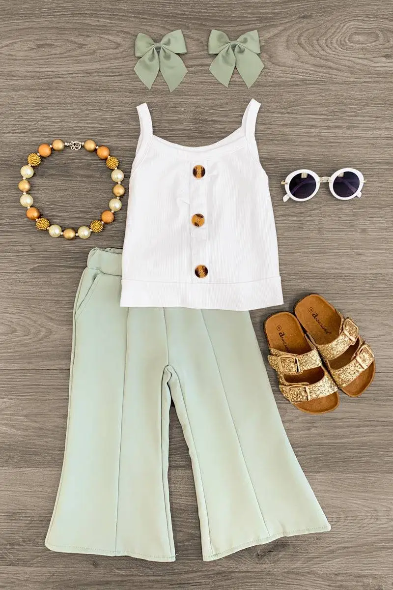 White & Green Flare Pant Set