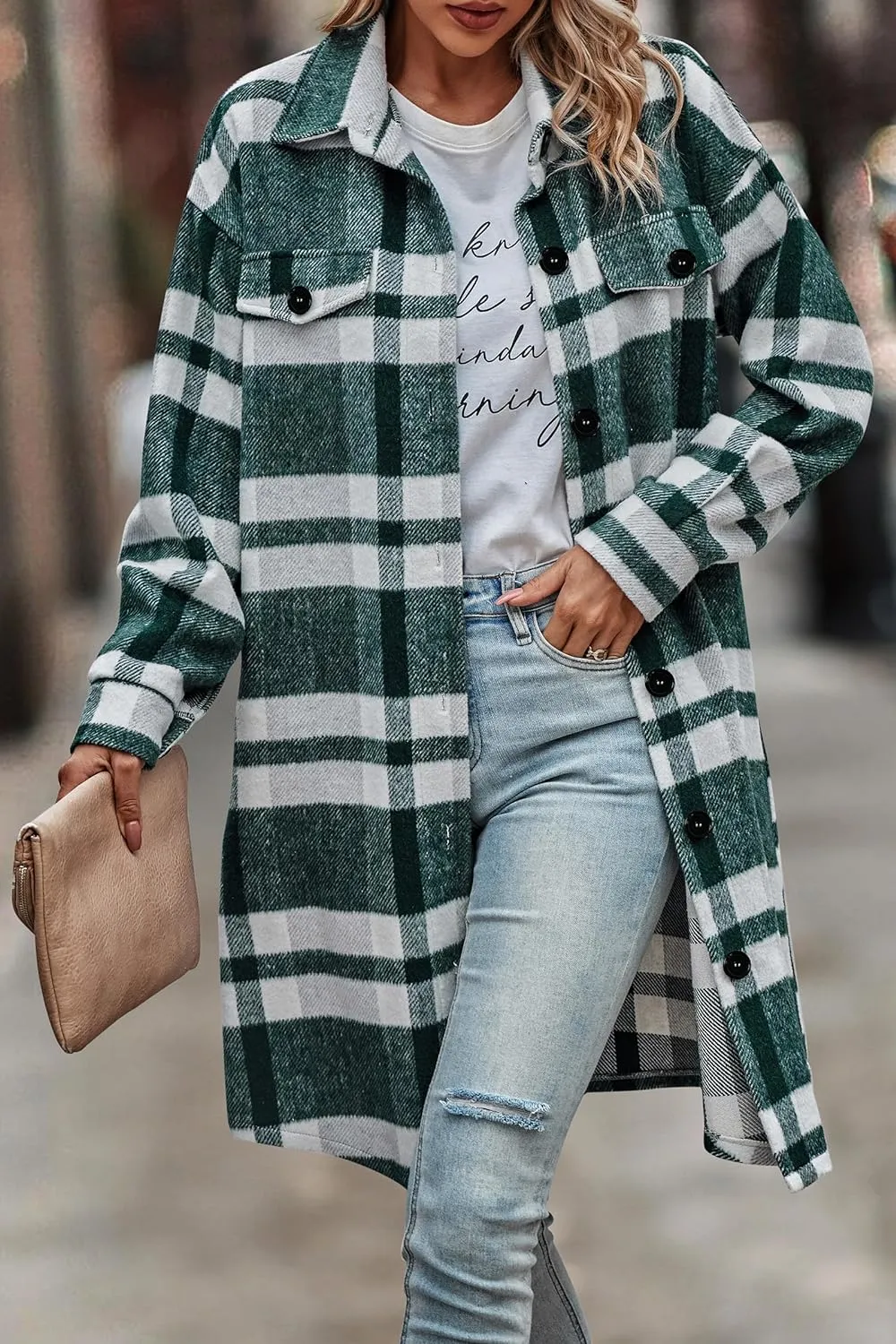 Women's Plaid Shacket 2023 Long Sleeve Button Up Flannel Shirt Winter Tartan Jacket Woolen Coats