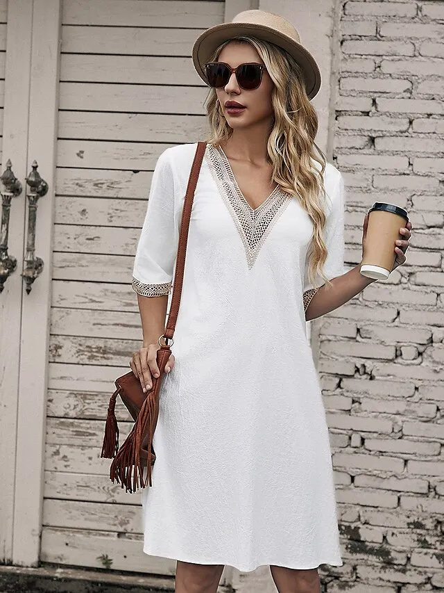 Women's Cotton Linen Dress Casual Dress Shift Dress Midi Dress Cotton And Linen Fashion Modern Outdoor Daily Vacation V Neck Patchwork Half Sleeve Summer Spring 2023 Regular Fit Gray Plain 3XL