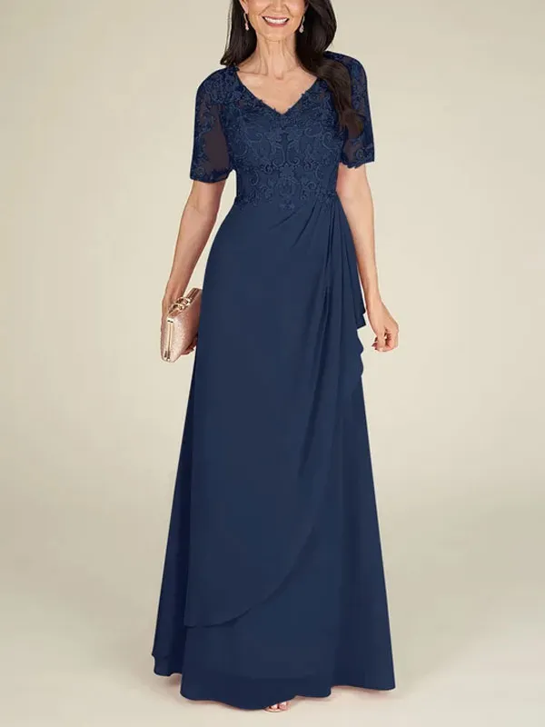 Floor-to-ceiling chiffon lace back zip bridal mom dress
