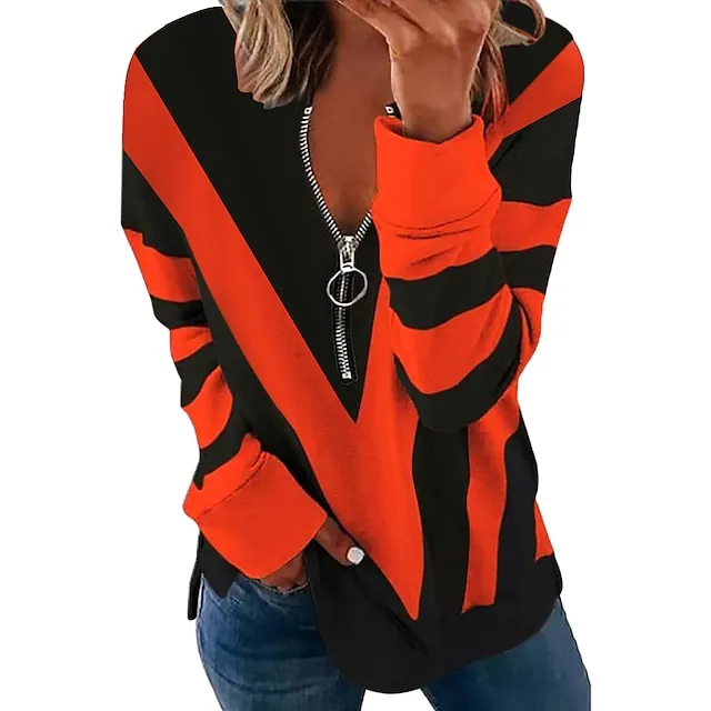 Women's Sweatshirt Pullover Streetwear Basic Zipper White Blue Purple Color Block Abstract Casual V Neck Long Sleeve Spring &  Fall Fall & Winter