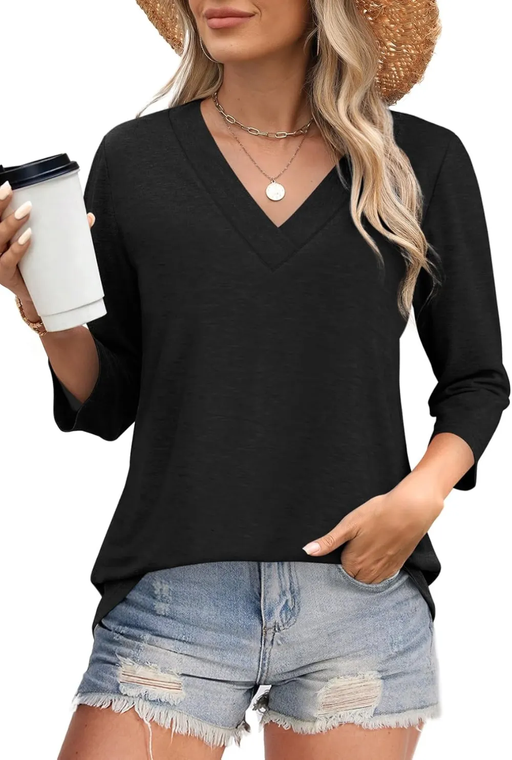 ⏰Hot Sale-Women's V Neck 3/4 Long Sleeve Tops Loose Fit Blouse
