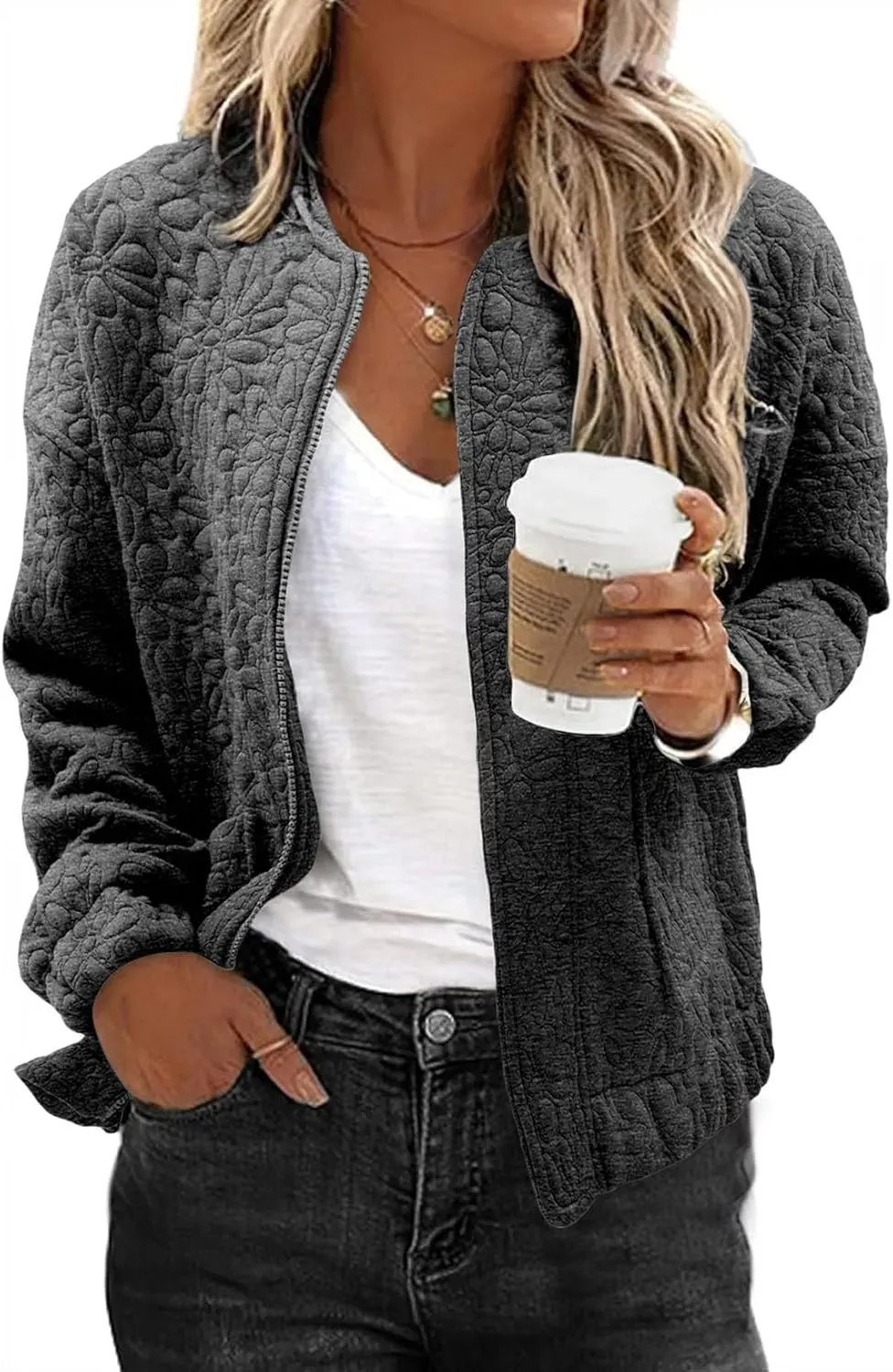 Jackets for Women Spring Fashion 2025 Cute Jacquard Coats Lightweight Zip Up Jackets Dressy Casual
